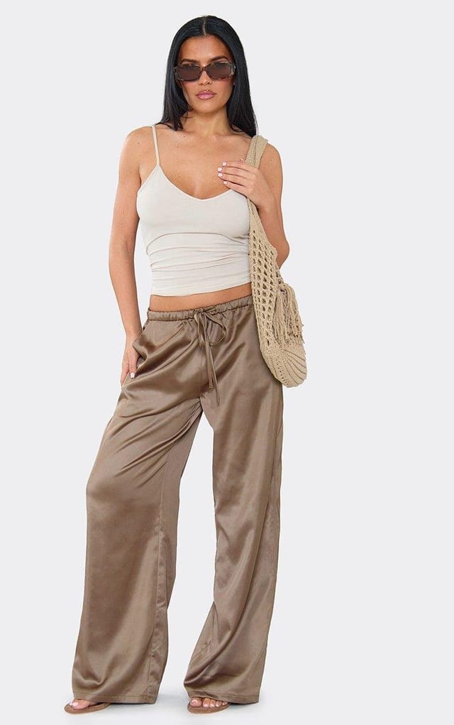 EGO Mid Rise Straight Leg Trousers In Brown Satin, Women's Size UK 6 - 2