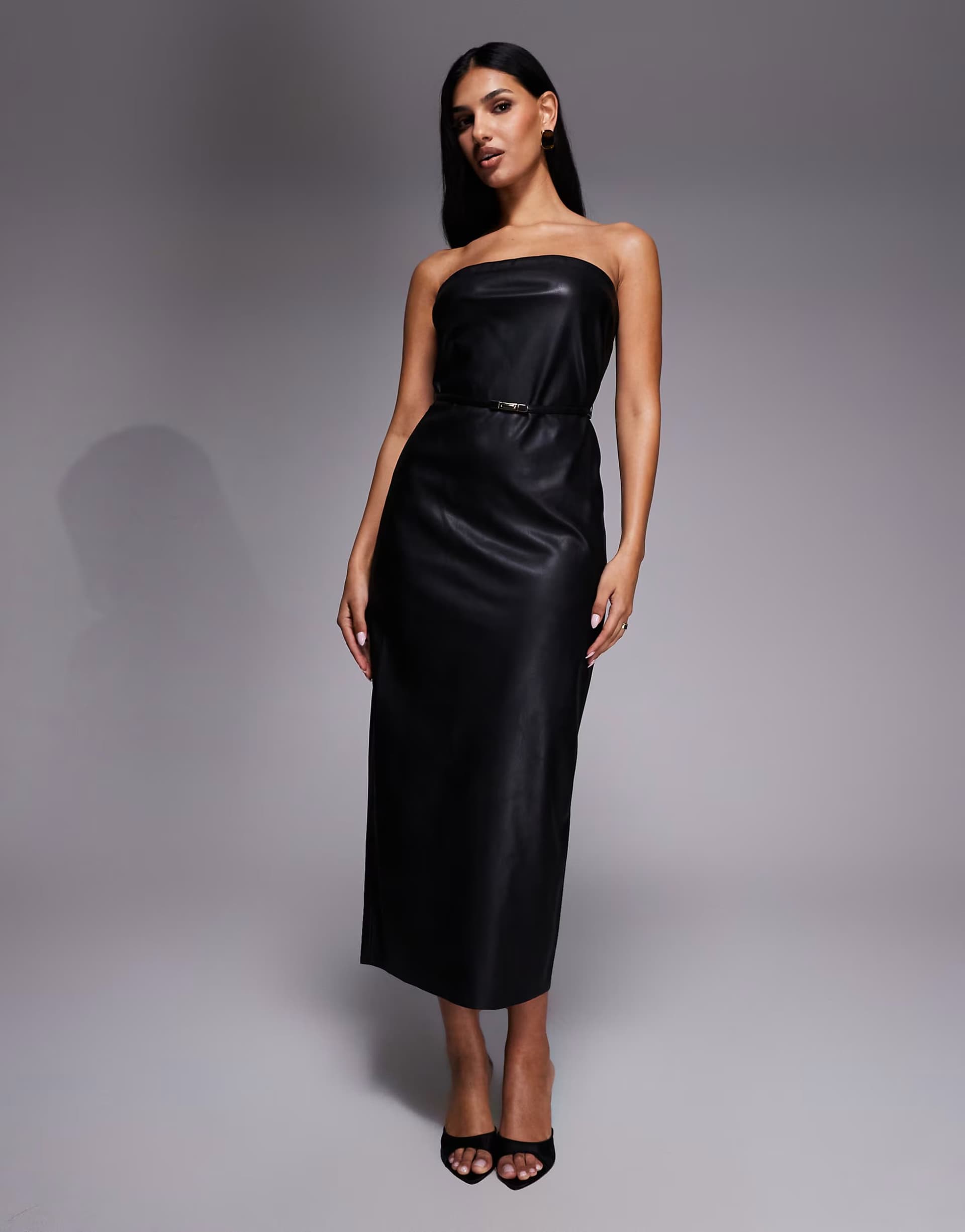 ASOS River Island faux leather bandeau dress with skinny belt in black