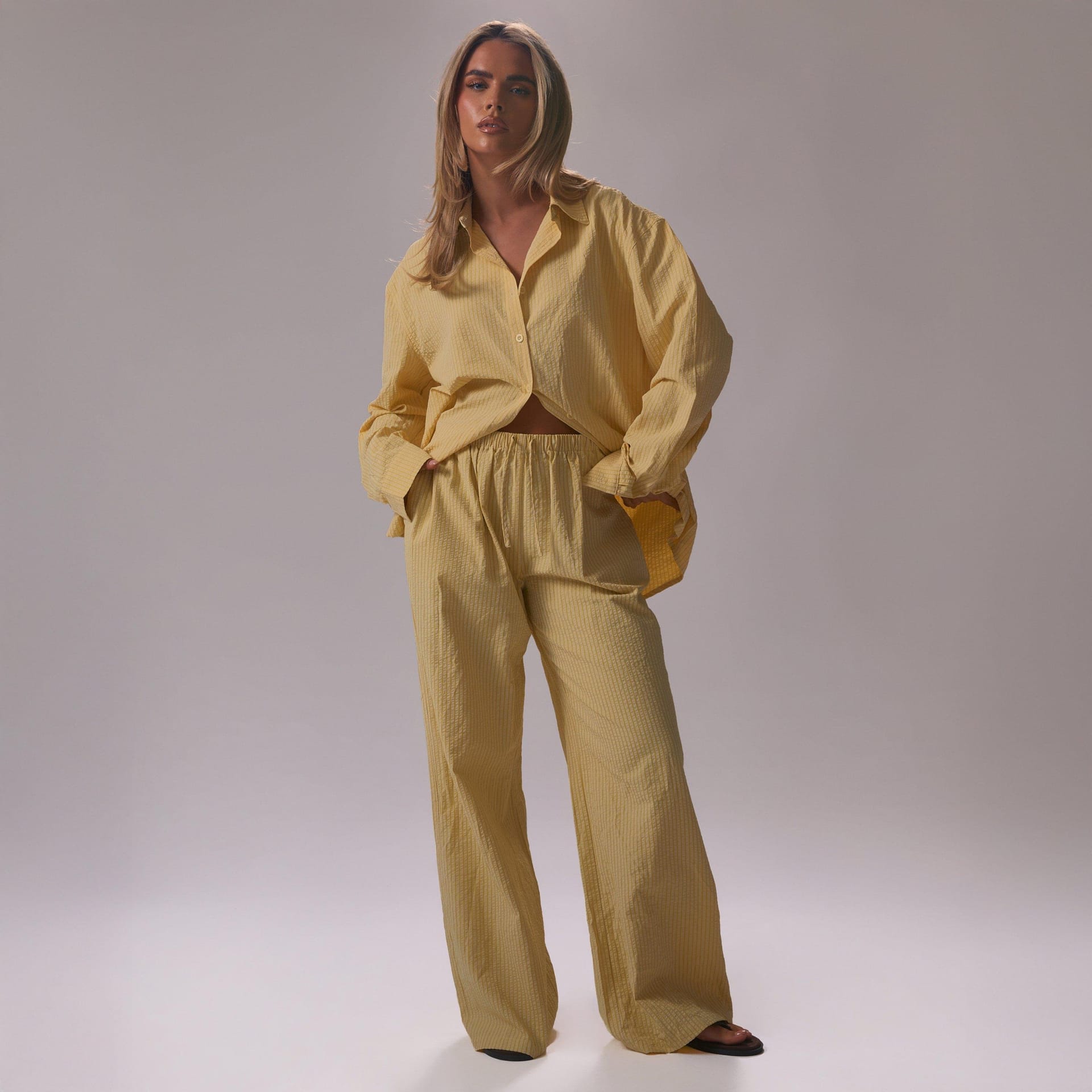 EGO Yellow Lemon Stripe Crinkle Poplin Wide Leg Trousers