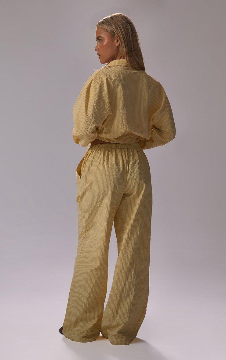 EGO Drawstring Waist Wide Leg Poplin Trousers In Lemon Stripe Crinkle, Women's Size UK 6 - 2