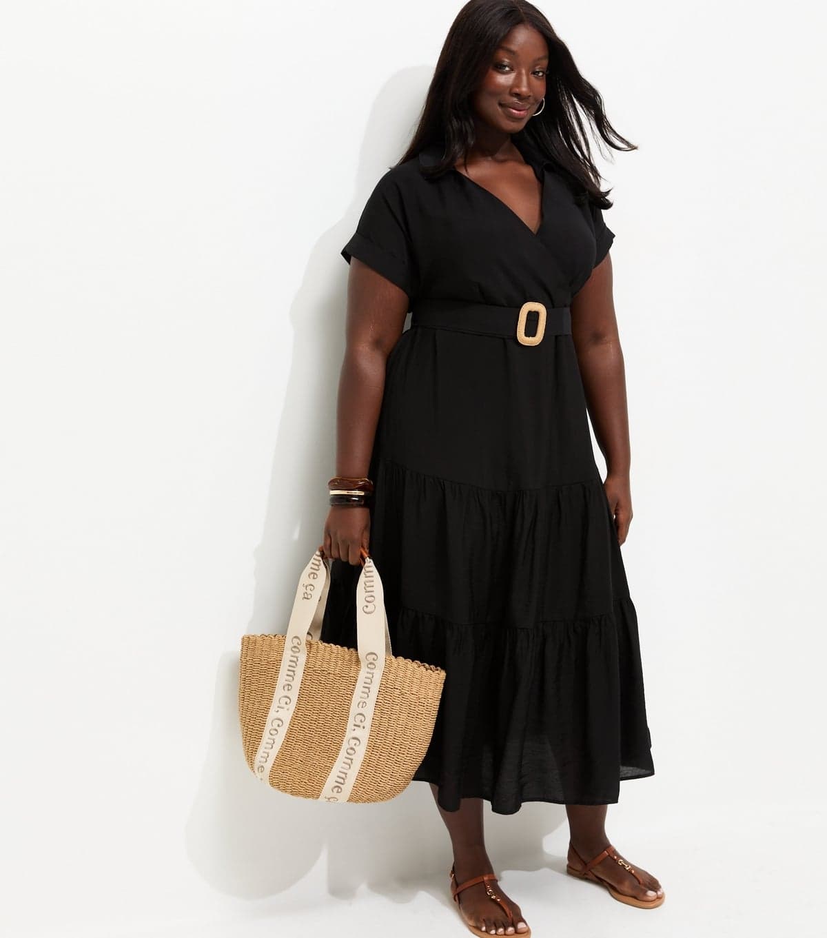 New Look Women's Plus Size Black Tiered Shirt Raffia Belt Midi Dress Curves New Look