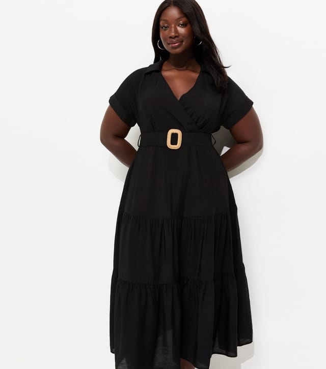 New Look Women's Plus Size Black Tiered Shirt Raffia Belt Midi Dress Curves New Look - 2