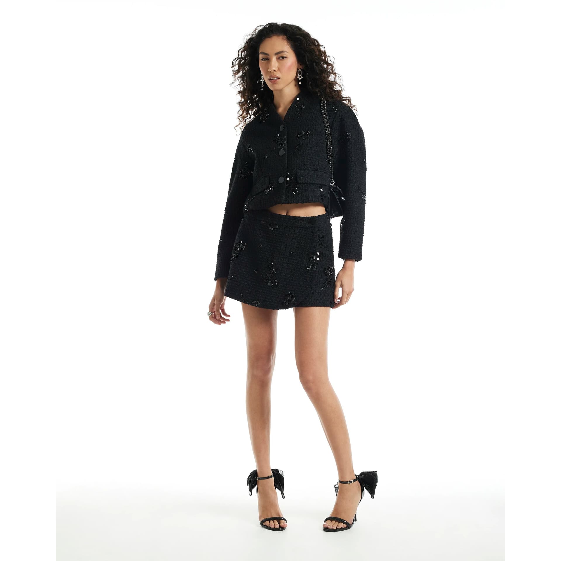 River Island River Island Womens Black Boucle Sequin Embroidered Skort