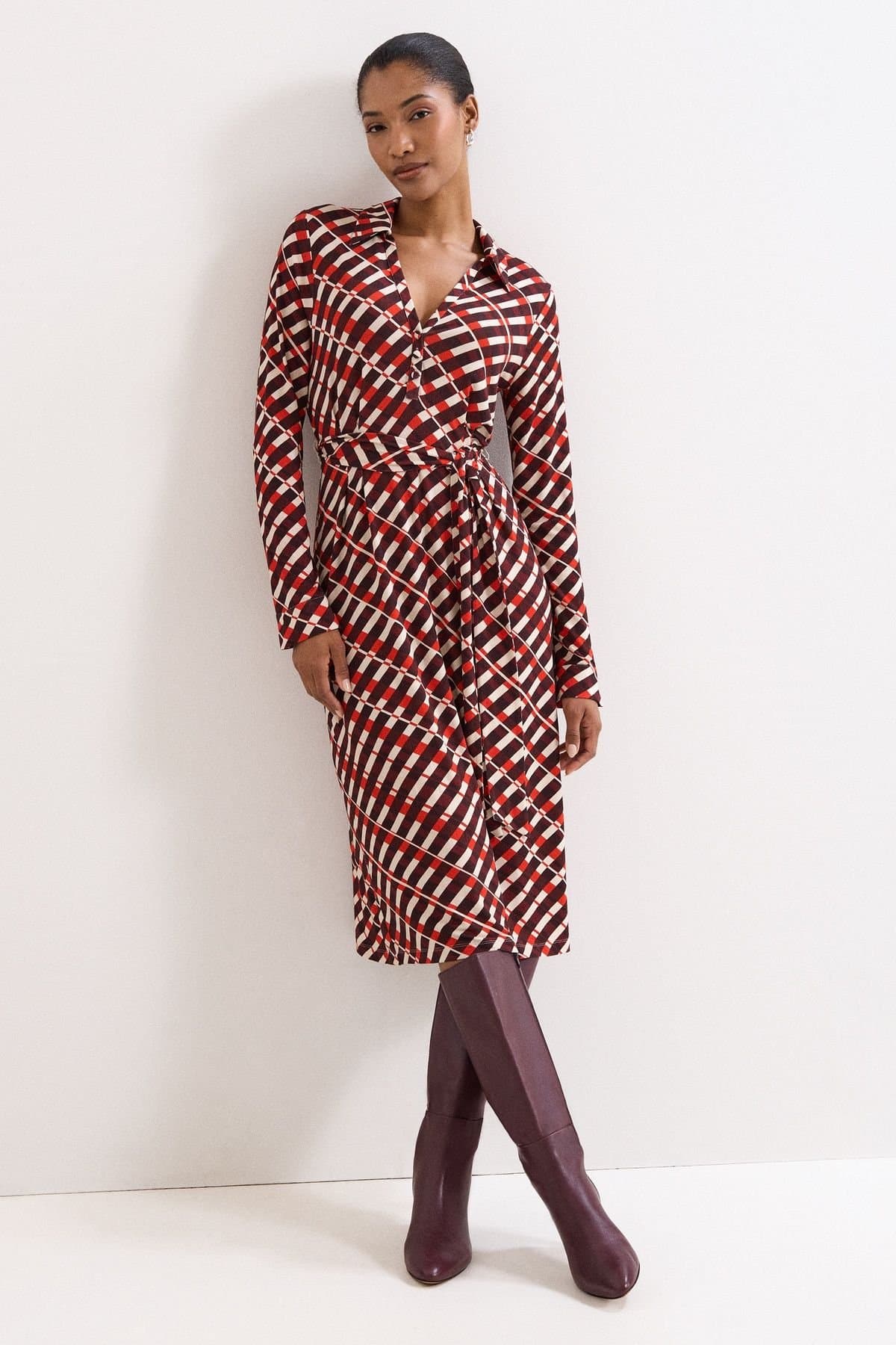 Phase Eight Phase Eight Women's Check Midi Dress in Maroon