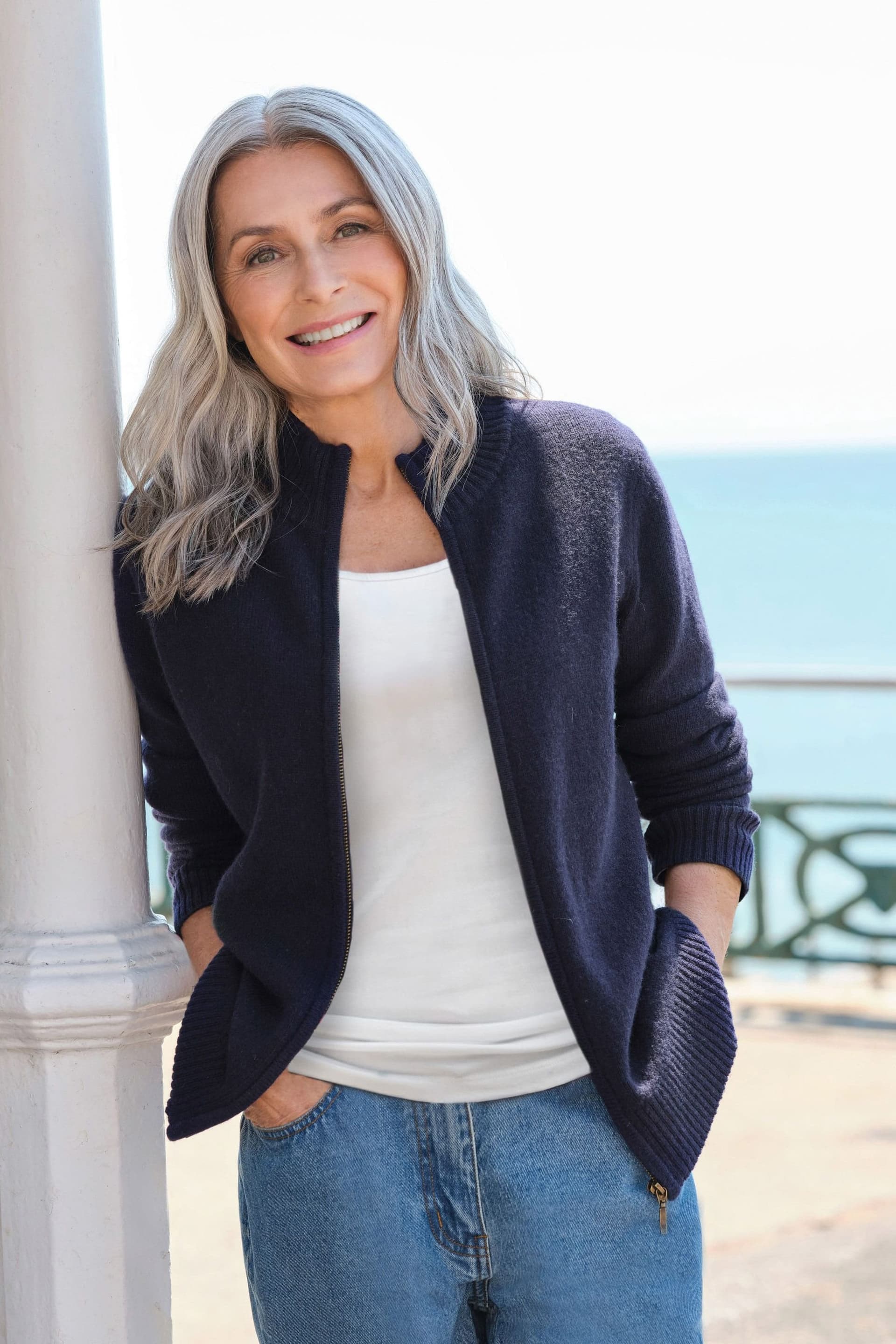 WoolOvers WoolOvers Women's Lambswool Zip Thru Cardigan in Dark Navy