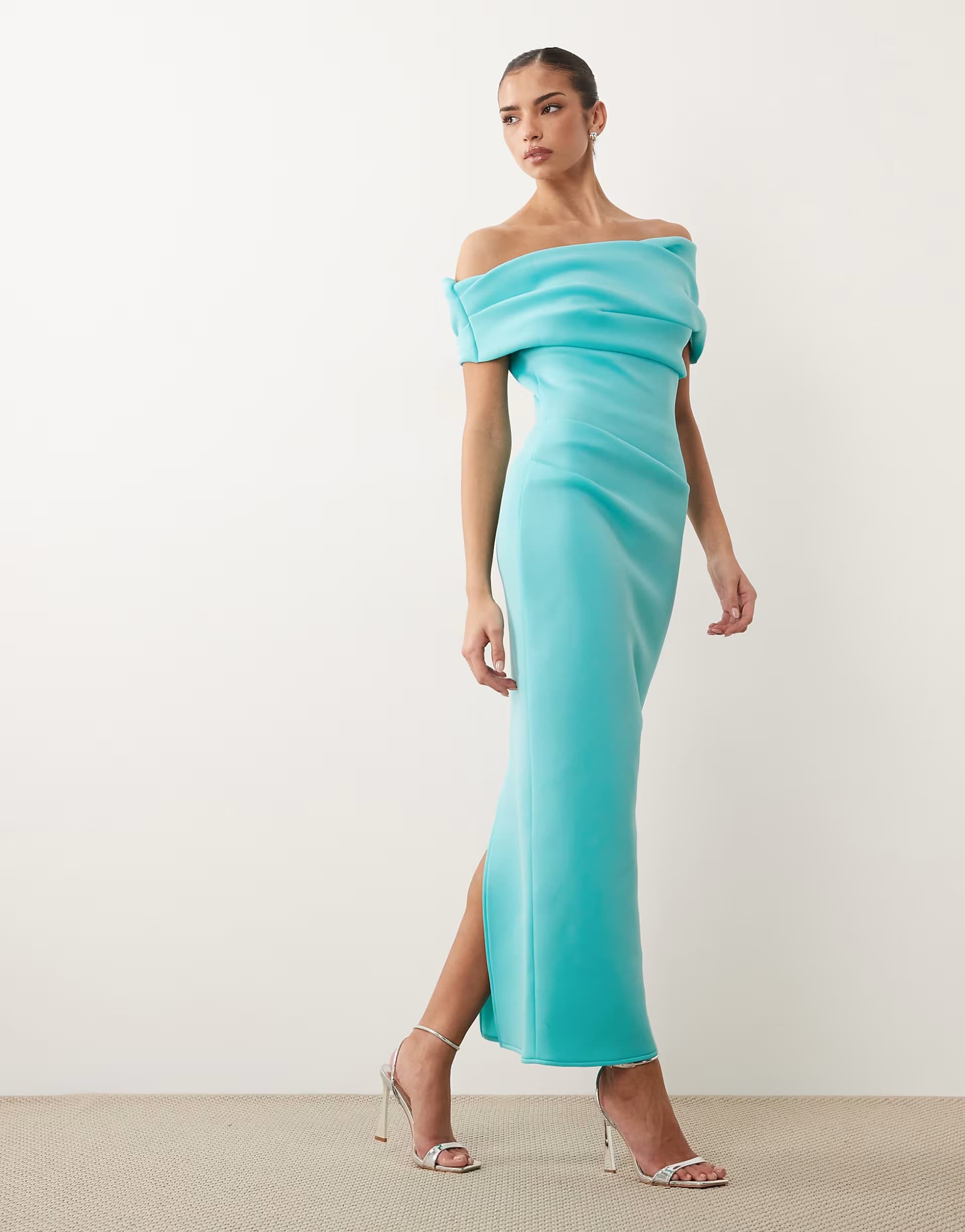 ASOS ASOS DESIGN bardot midi dress with split in blue scuba-style fabric