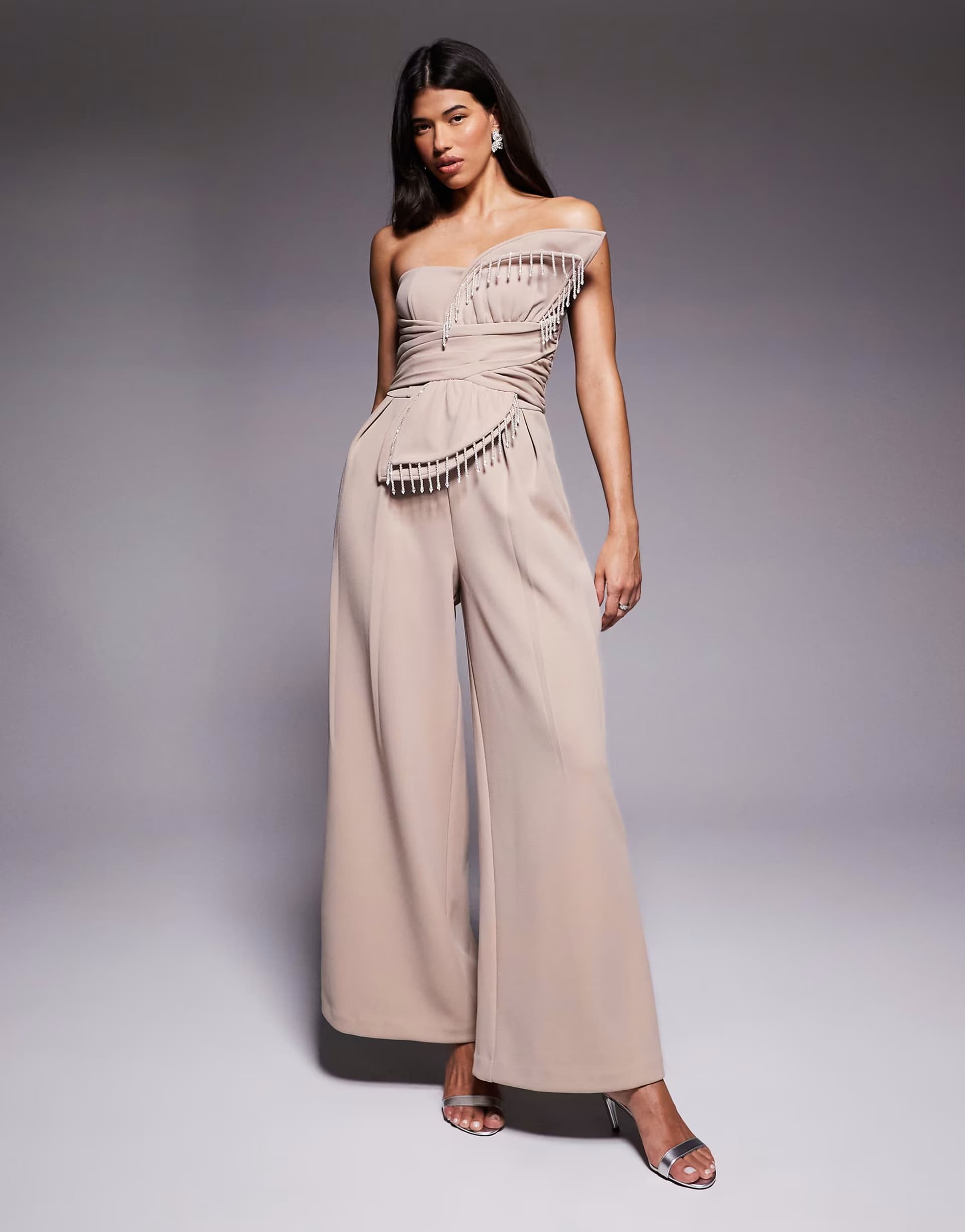ASOS ASOS LUXE 3D petal jumpsuit with drop bead detail in stone