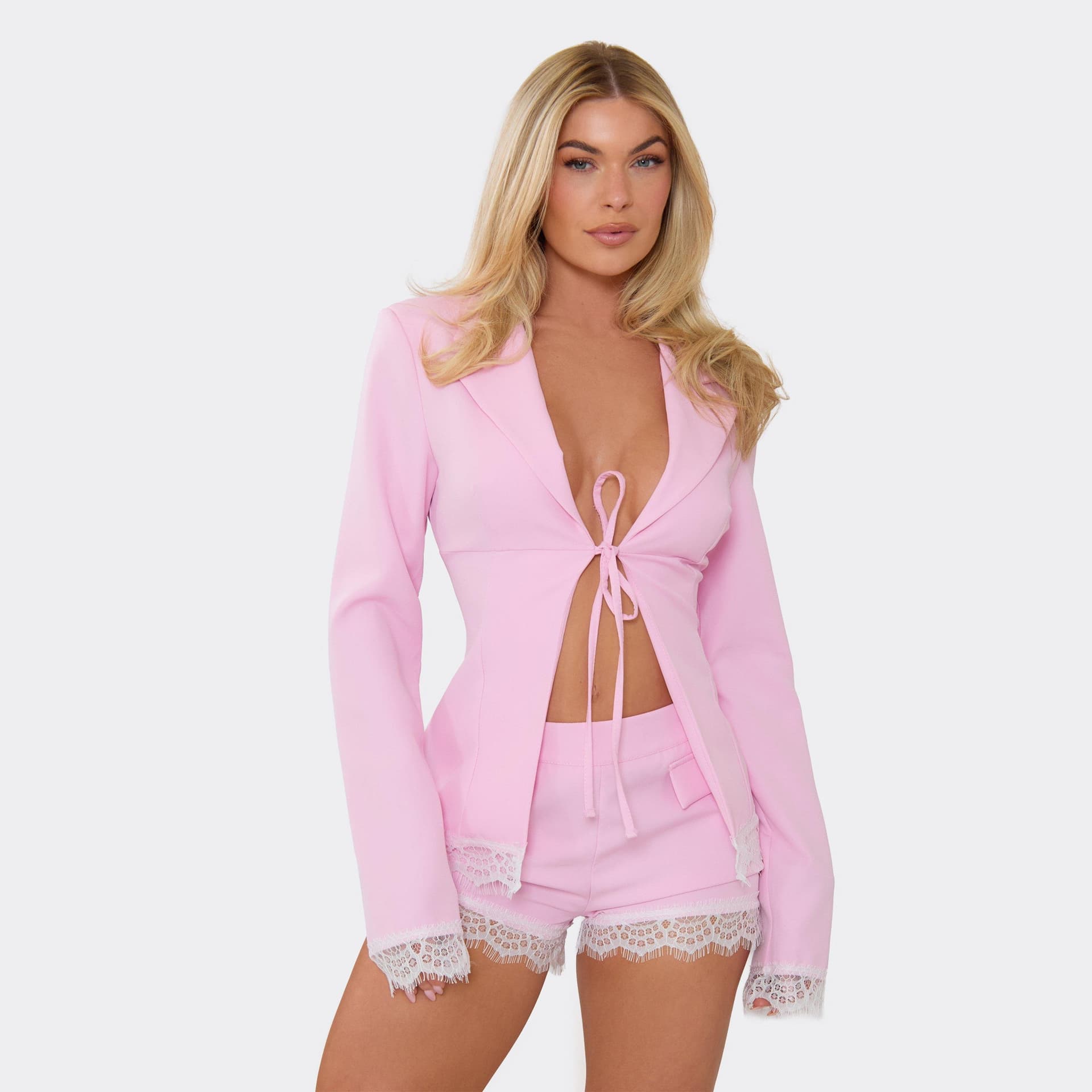 EGO Long Sleeve Tie Front Lace Trim Top In Pink, Women's Size UK 6