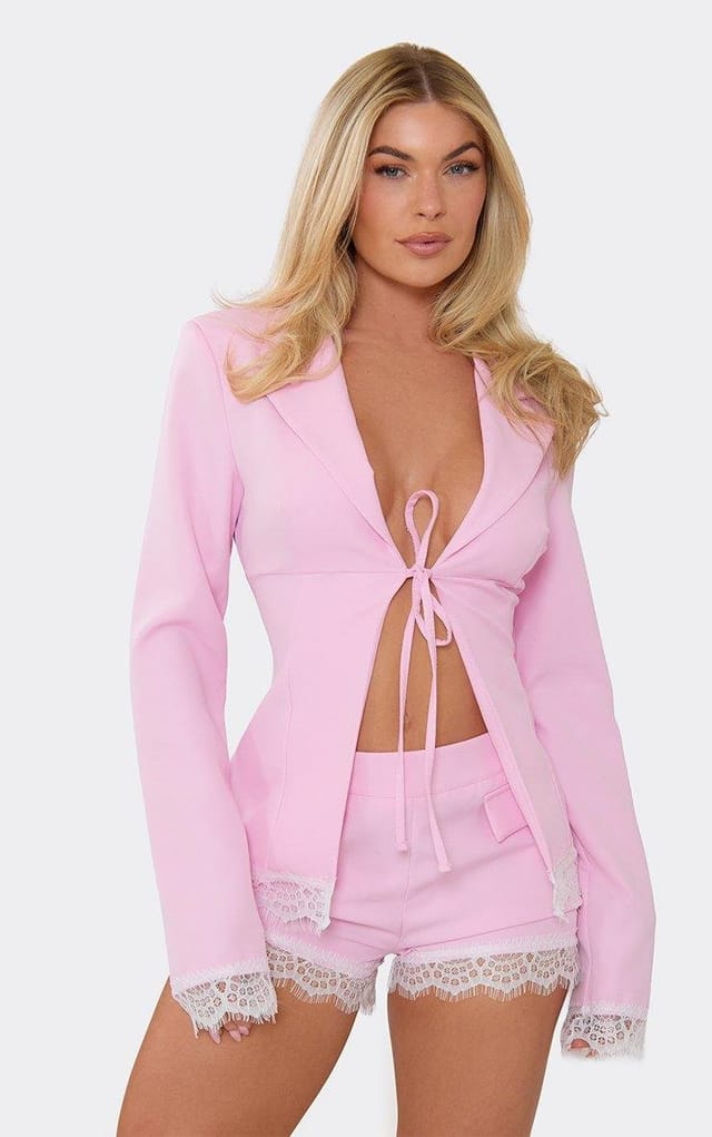 EGO Long Sleeve Tie Front Lace Trim Top In Pink, Women's Size UK 6 - 2