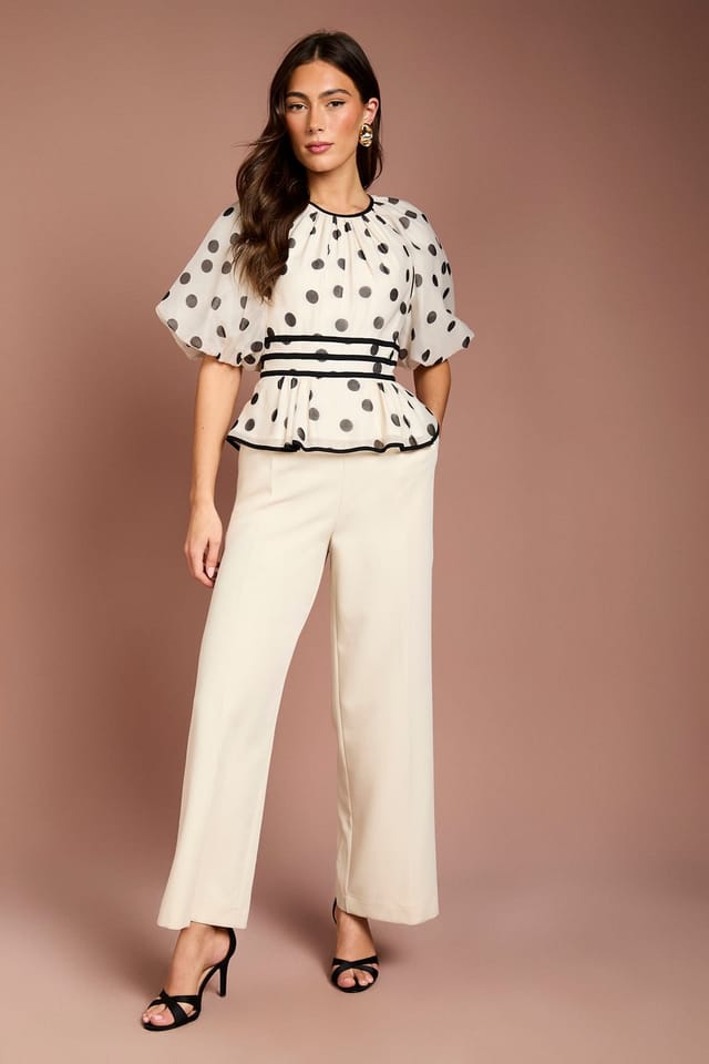 Coast Coast Women's Puff Sleeve Polka Dot 2 In 1 Jumpsuit in Beige - 2