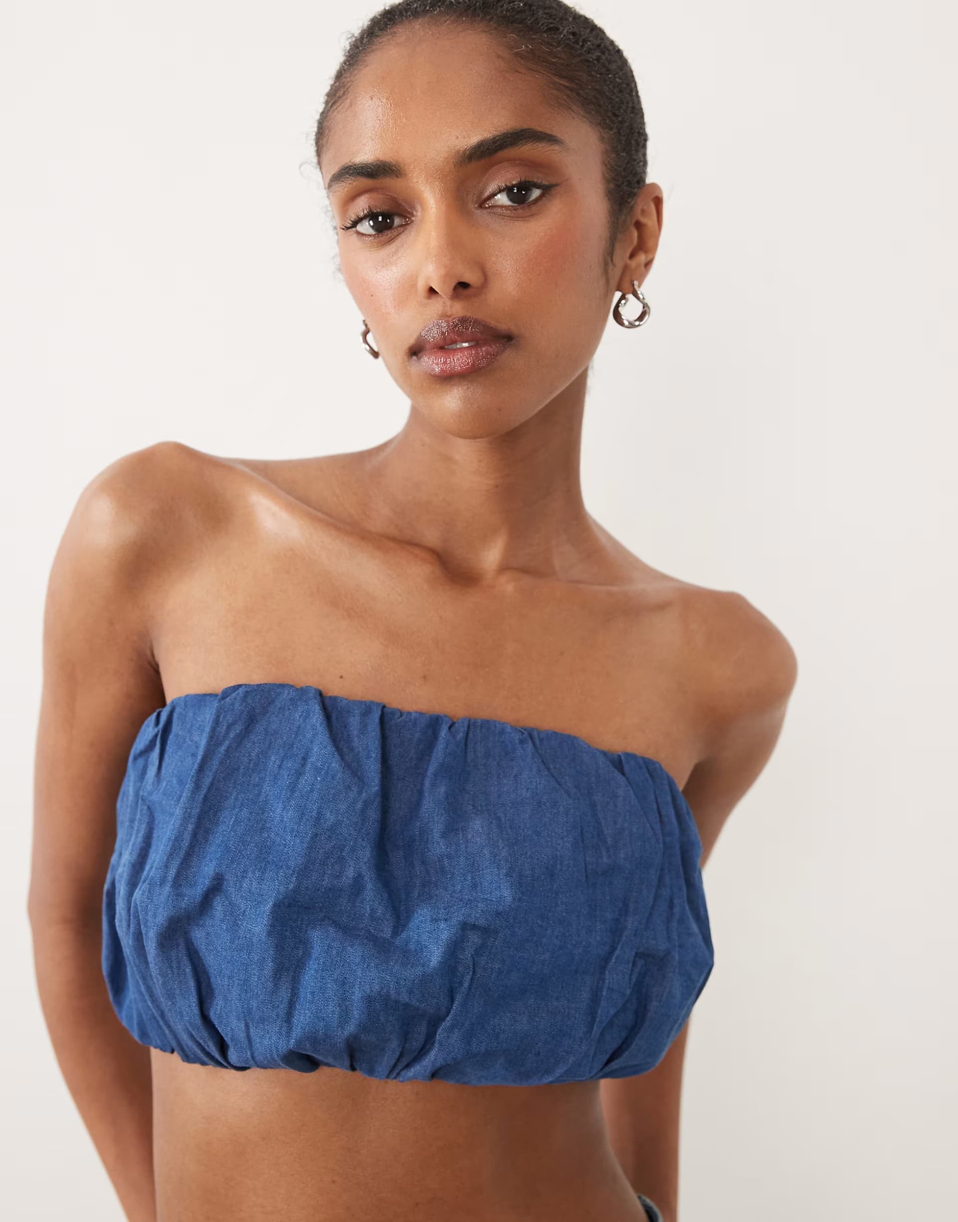 ASOS ASOS DESIGN denim bubble bandeau top & bloomer short co-ord in mid blue