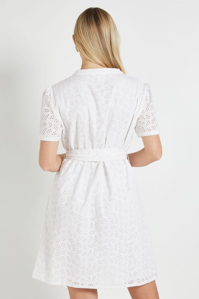 Wallis Wallis Women's Petite Broderie Collarless Belted Shift Dress in Ivory - 3