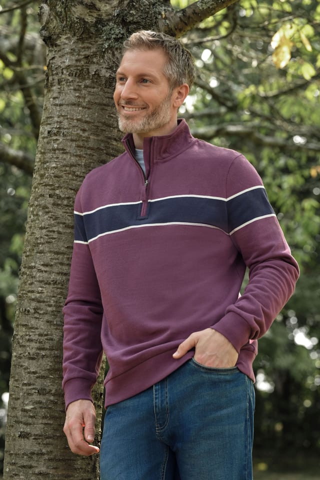 WoolOvers WoolOvers Men's Cotton Half Zip Jumper in Maroon - 3