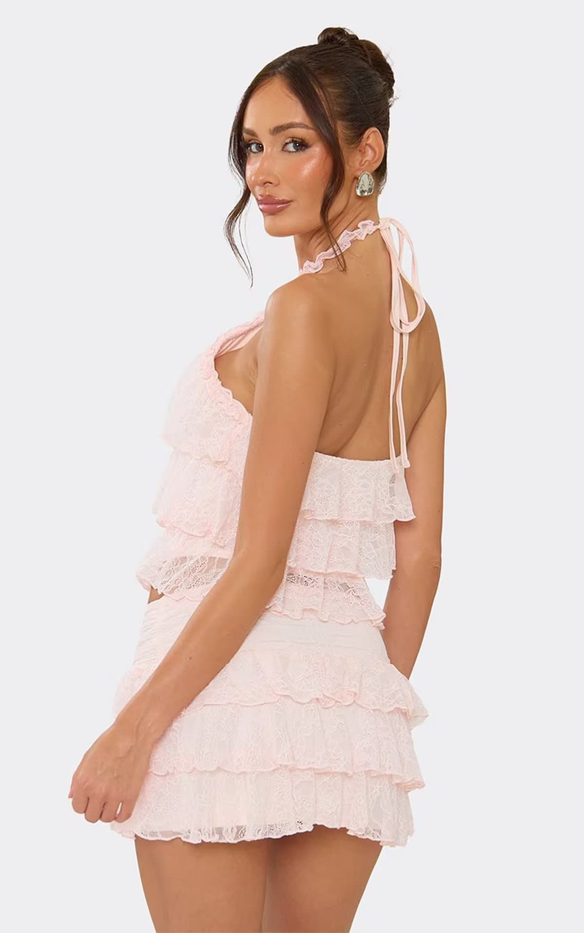 EGO Halterneck Tiered Frill Top In Light Pink Lace, Women's Size UK 6