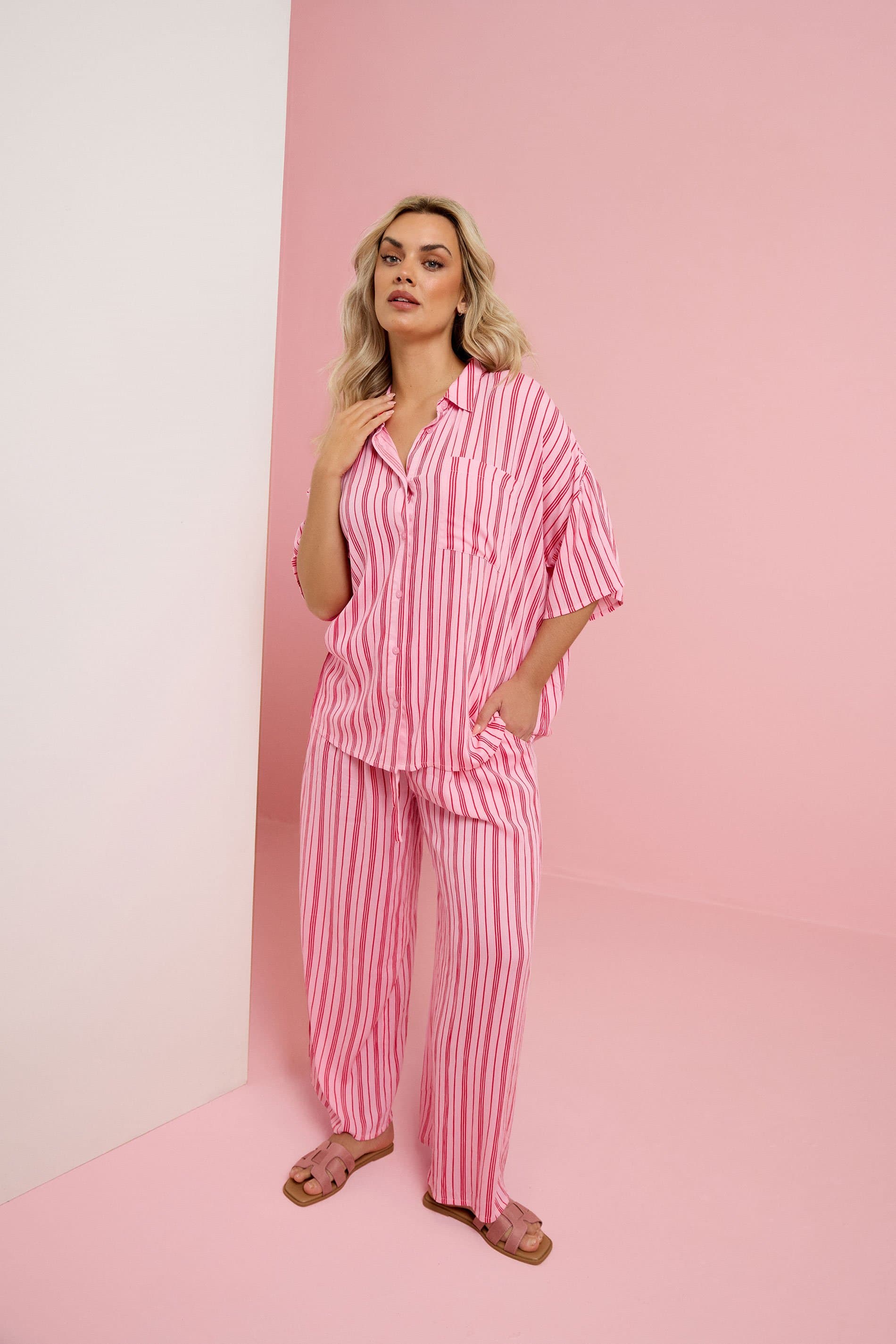 Yours Plus Size Pink Stripe Crinkle Wide Leg Trousers