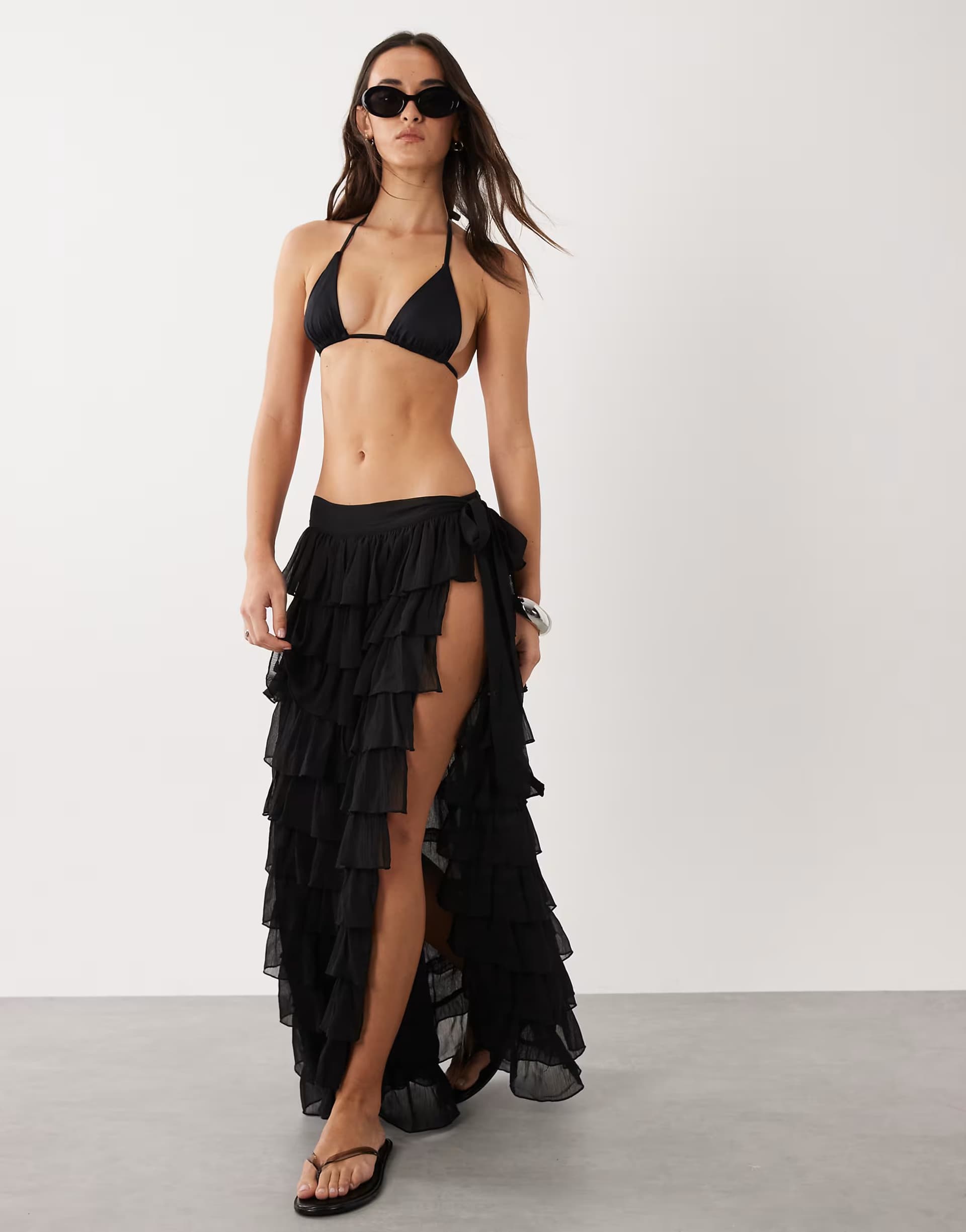 ASOS Miss Selfridge beach chiffon ruffle tie side maxi skirt in black