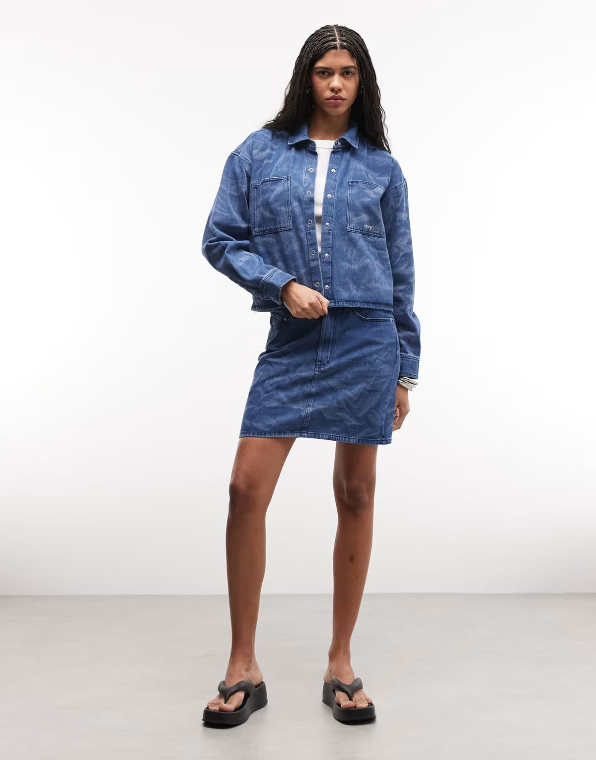 ASOS Obey trinity wrinkle denim skirt co-ord in mid wash blue - 1