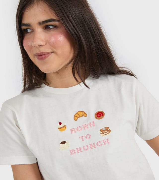 Skinnydip Women's White Born To Brunch Baby Tee T-Shirt Skinnydip New Look - 3