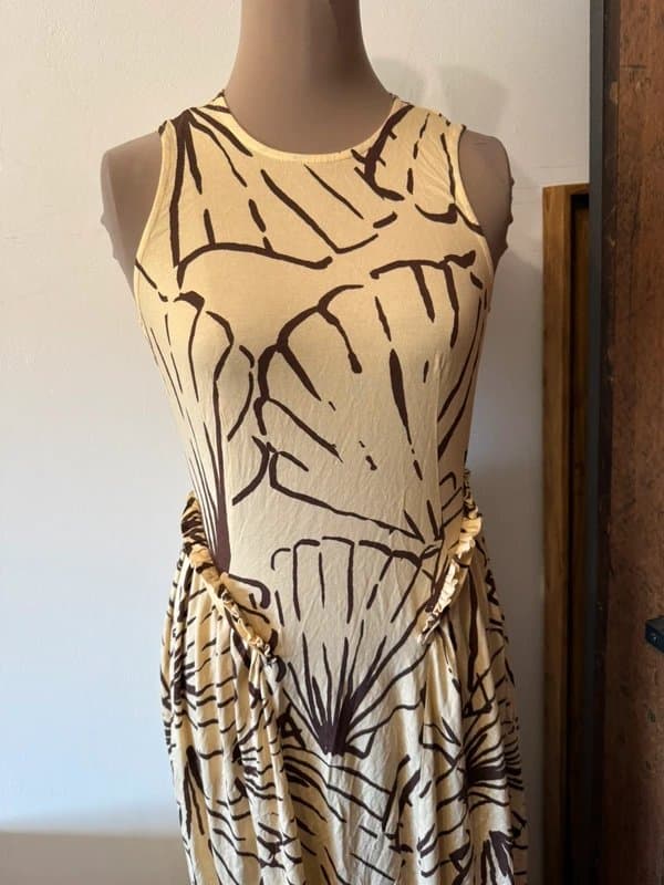 ASOS Design sleeveless frill hip detail midi dress in buttermilk and brown shell print summer holiday size 10