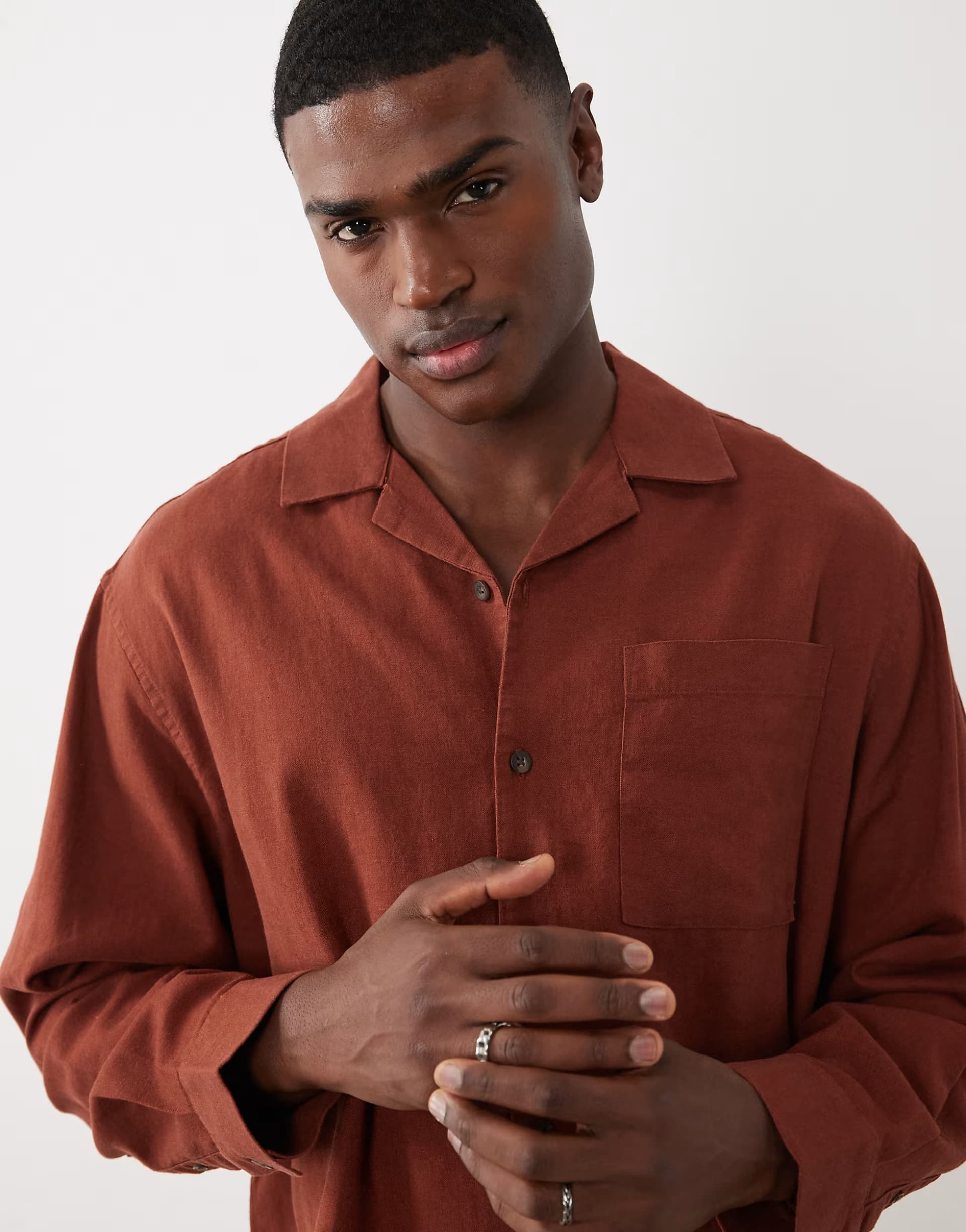 ASOS ASOS DESIGN co-ord boxy oversized revere linen blend shirt in brown