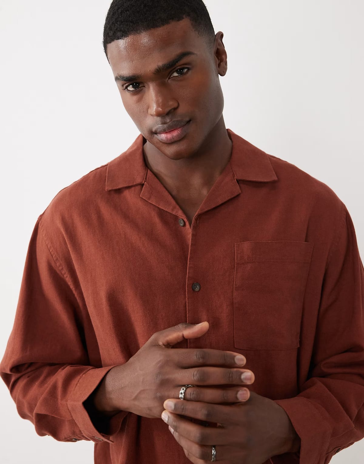 ASOS ASOS DESIGN co-ord boxy oversized revere linen blend shirt in brown - 1