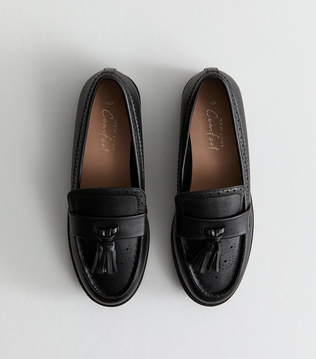 New Look Women's Black Faux Leather Tasselled Brogue Loafers Vegan New Look