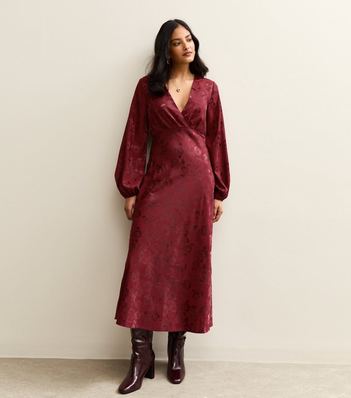 New Look Burgundy Floral Long Sleeve Midi Dress
