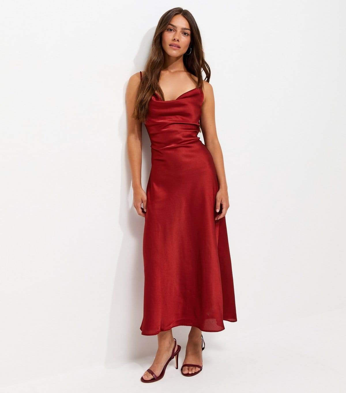 New Look Rust Satin Cowl Neck Midi Dress