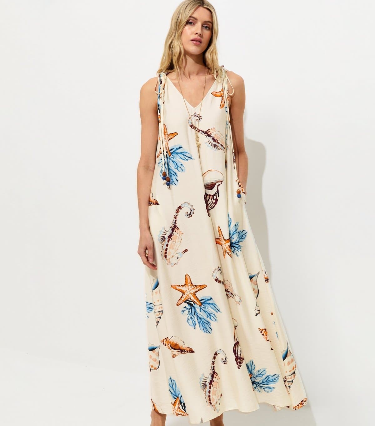 New Look Women's Tall Cream Shell Print Beaded Smock Maxi Dress New Look