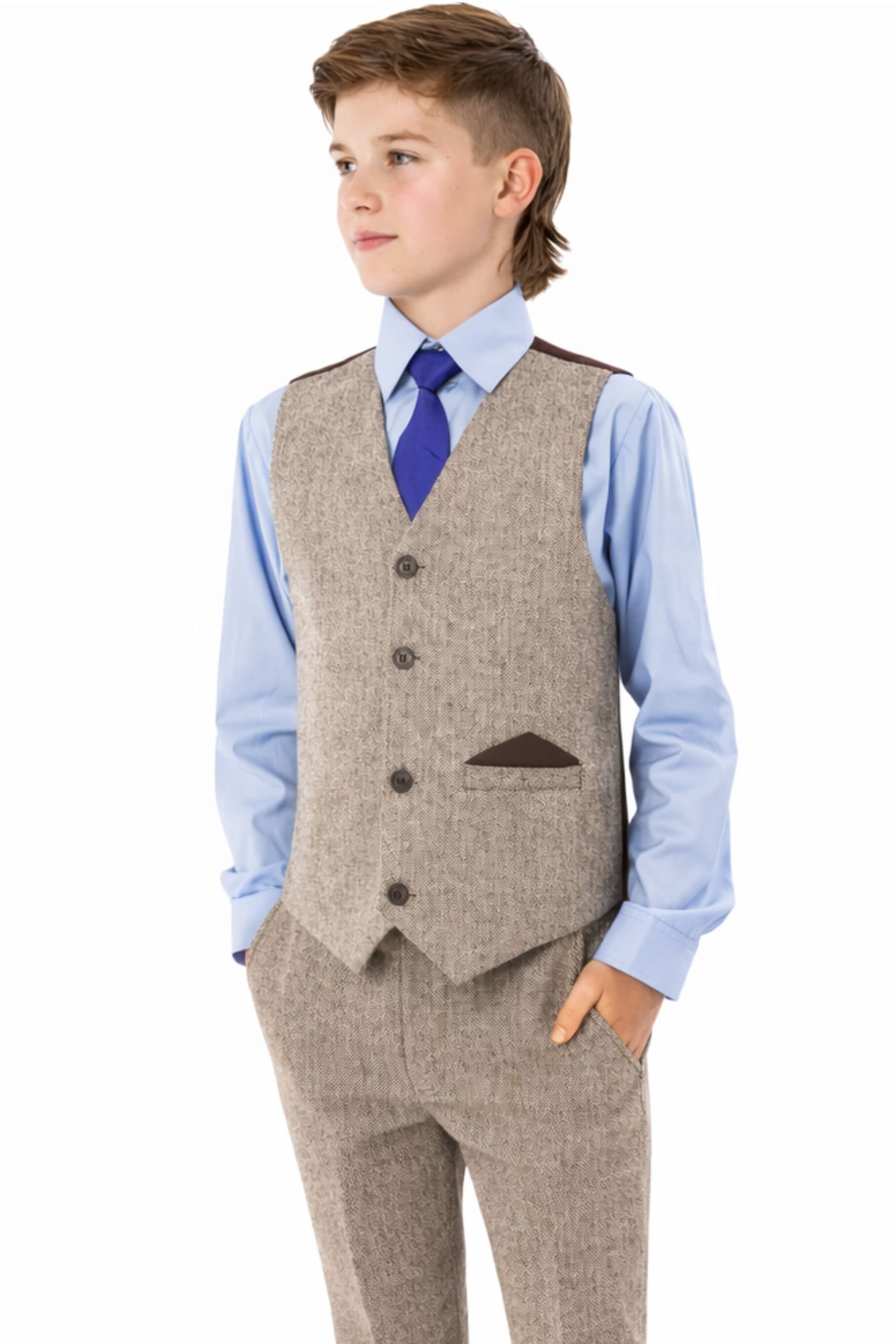 Vivaki Vivaki Men's 4 Piece Brown Herringbone Tweed Suit