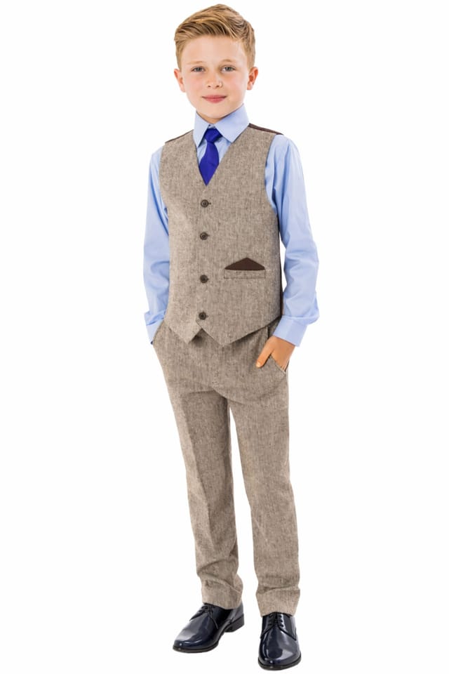 Vivaki Vivaki Men's 4 Piece Brown Herringbone Tweed Suit - 2