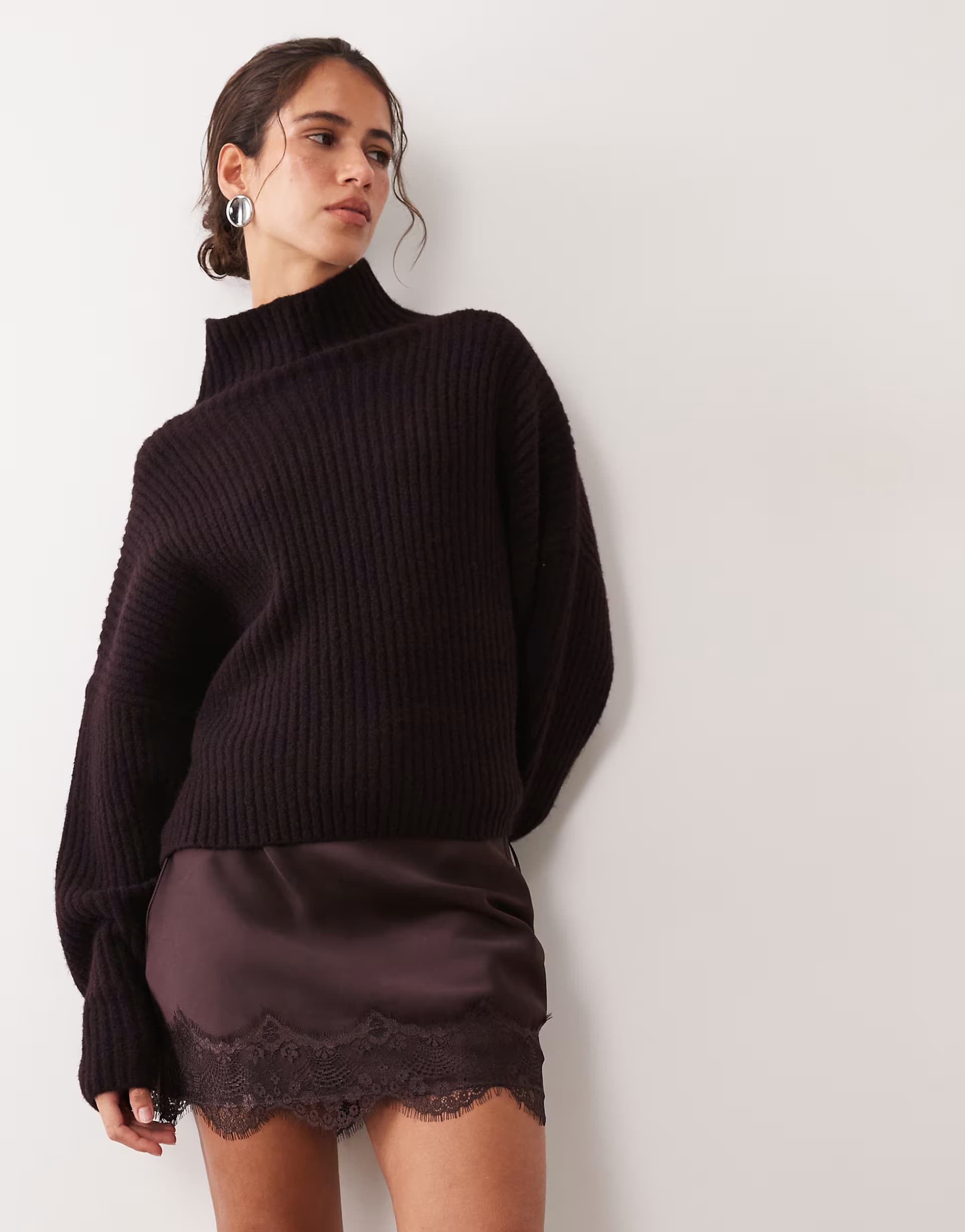 ASOS New Look satin scallop lace trim mini skirt in brown