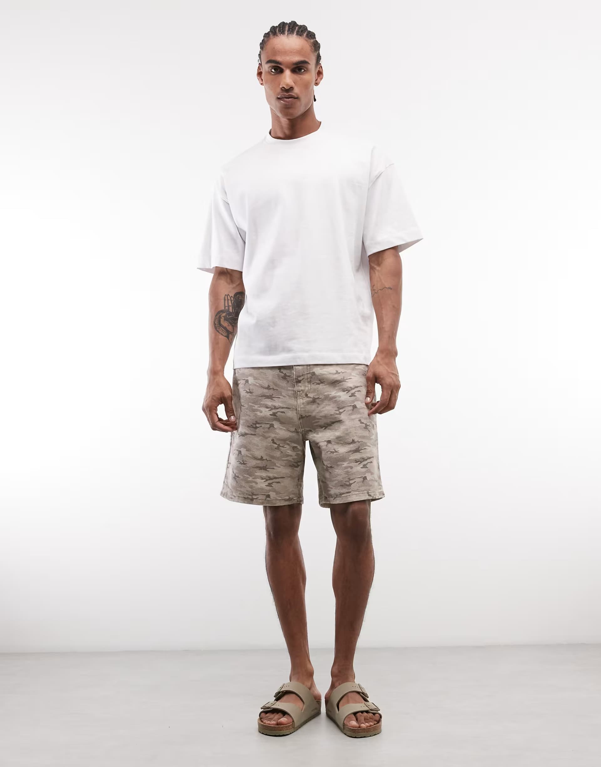 ASOS Faded Store workshop shorts in brown camo print
