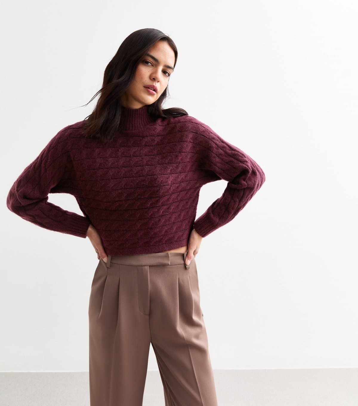 New Look Women's Burgundy Cable Knit Cropped Jumper New Look