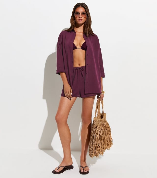 New Look Women's Dark Burgundy Cotton Slub Beach Shorts New Look - 2