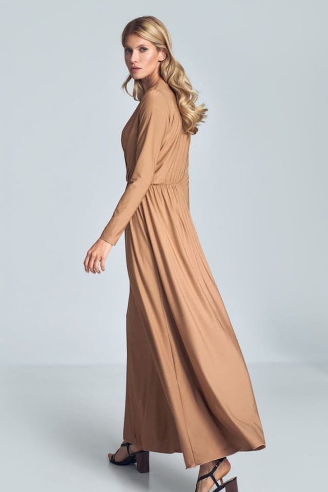 Love Lace Love Lace Women's Beige Long Sleeve Maxi Wrap Pleated Dress in Camel - 2