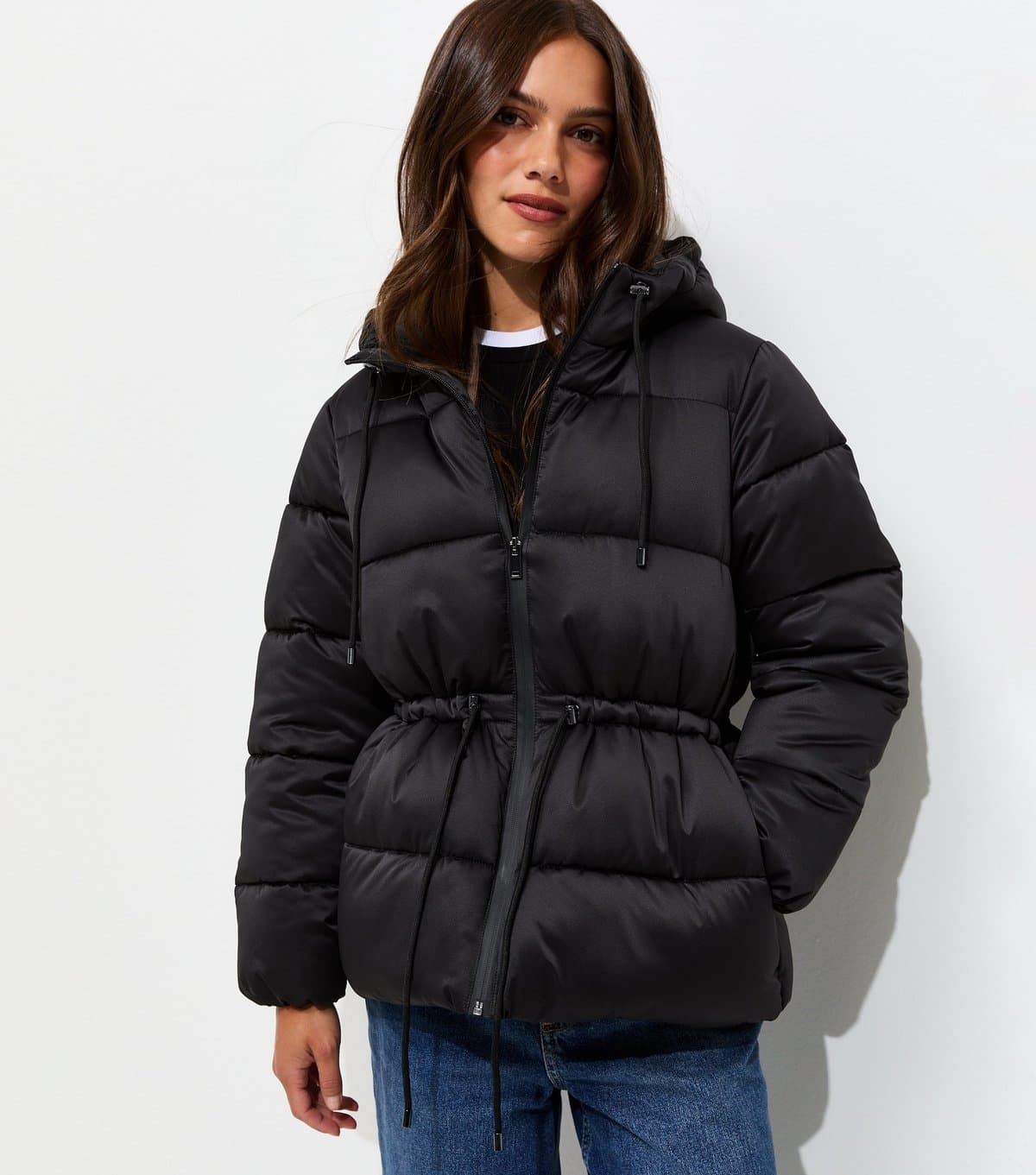 New Look Women's Petite Black Cinched Waist Puffer Jacket New Look