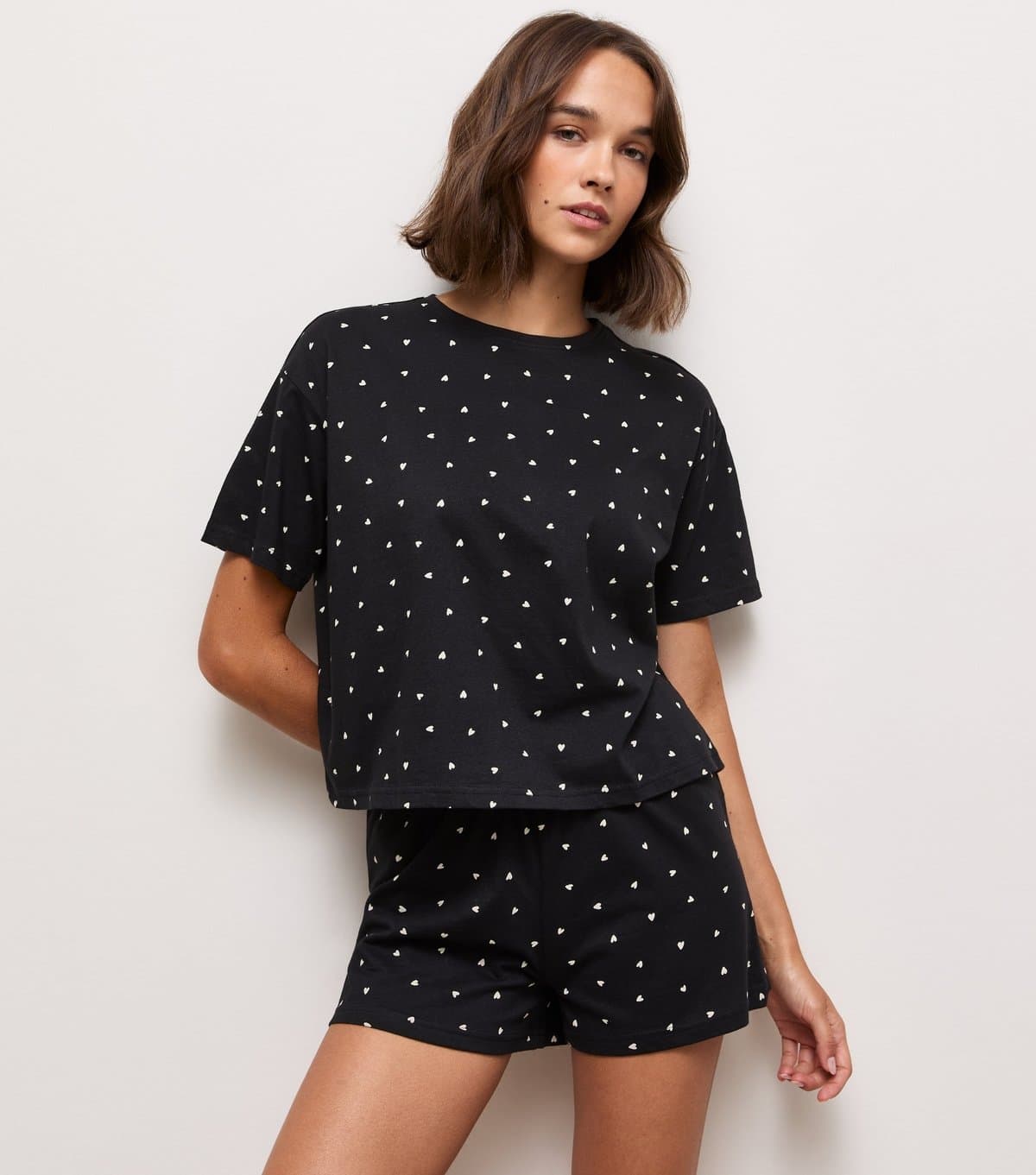 New Look Women's Black Cotton Heart Print Pyjama Shorts Set New Look