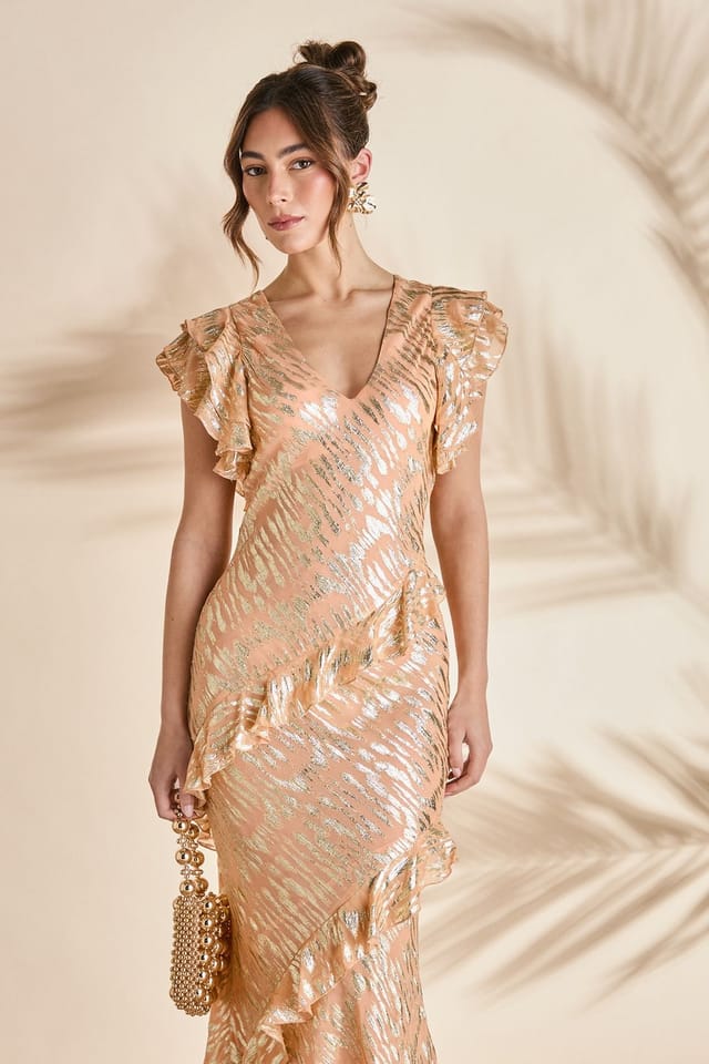 Coast Coast Women's Metallic Jacquard Frill Midi Dress in Apricot - 2
