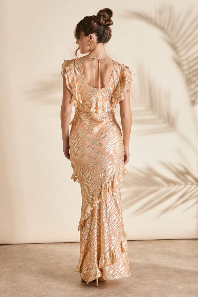 Coast Coast Women's Metallic Jacquard Frill Midi Dress in Apricot - 3