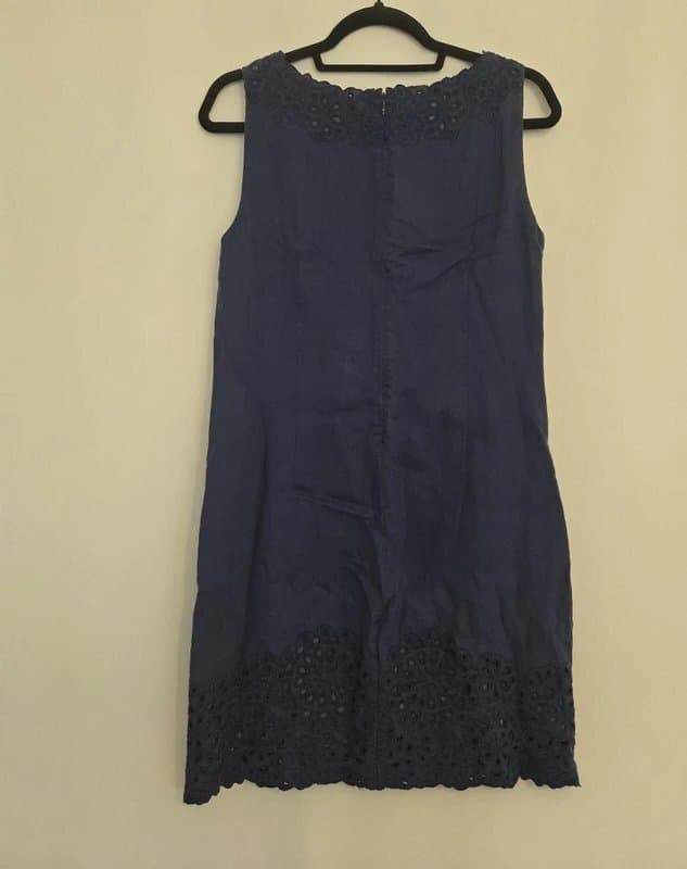 Jigsaw Ladies size 10 Jigsaw Navy Blue 100% Linen Broderie Anglaise knee length Dress