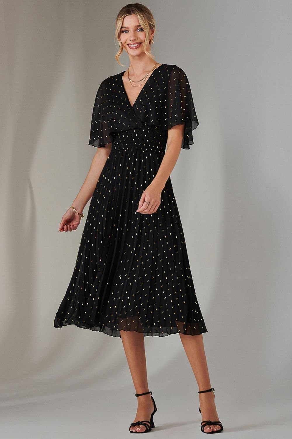 Jolie Moi Jolie Moi Women's Metallic Spot Chiffon Pleated Dress in Black