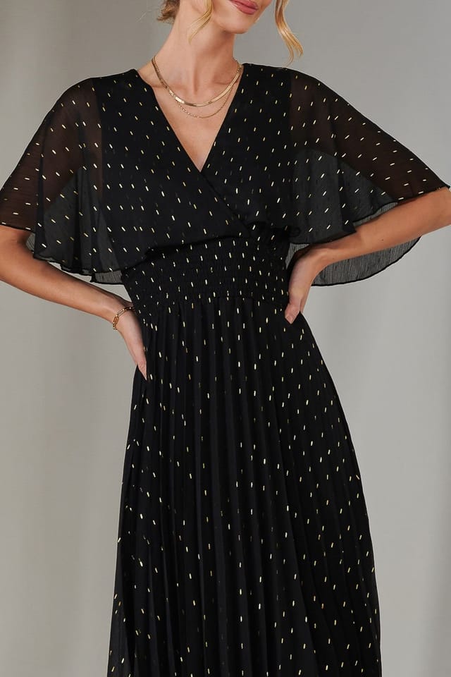 Jolie Moi Jolie Moi Women's Metallic Spot Chiffon Pleated Dress in Black - 3