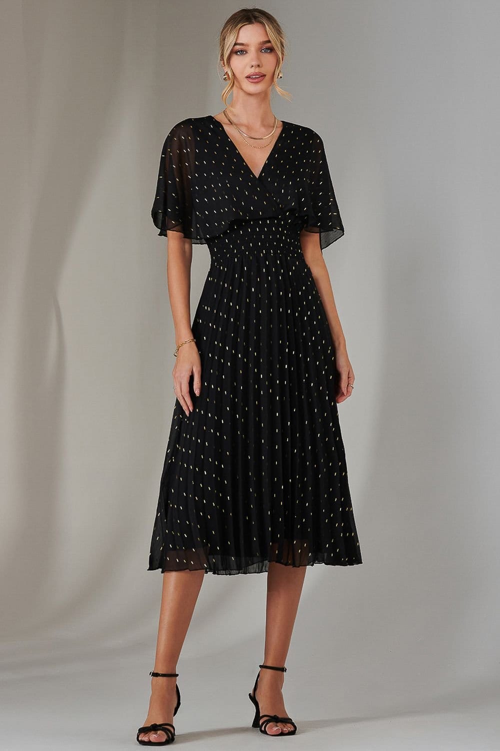 Jolie Moi Jolie Moi Women's Metallic Spot Chiffon Pleated Dress in Black - 4