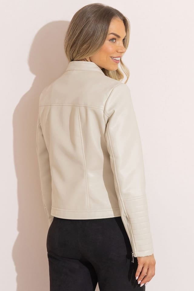 klass Klass. Women's Faux Leather Racer Jacket in Ivory - 3