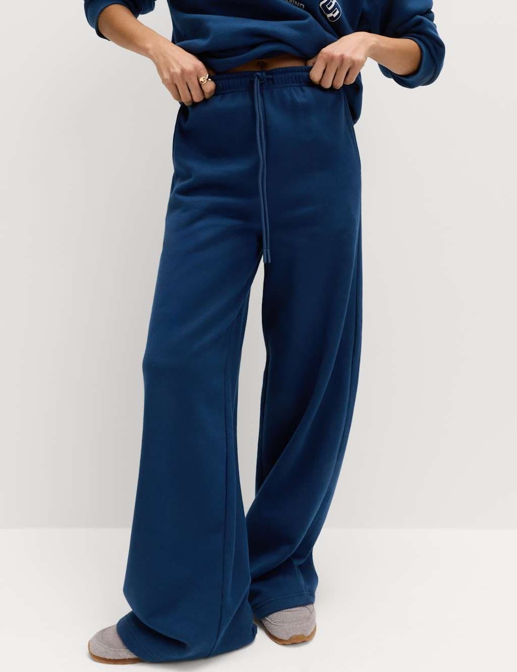 Marks & Spencer M&S Cotton Rich Drawstring Wide Leg Joggers Dark Marine