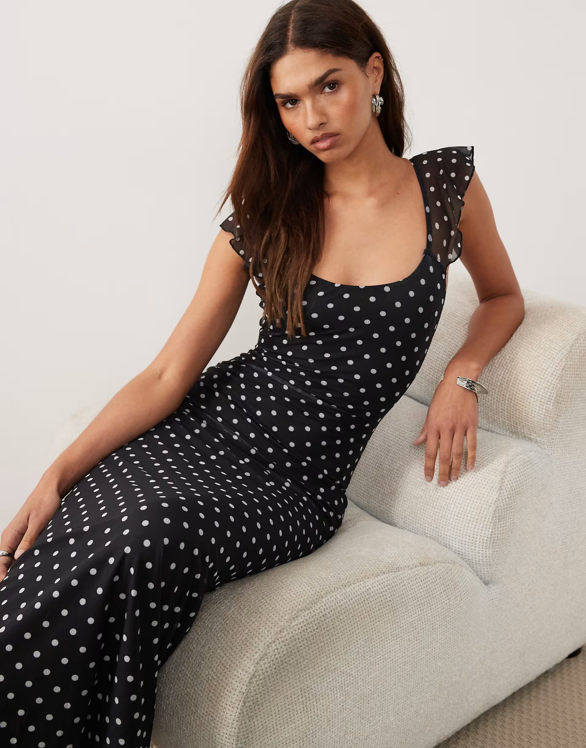 ASOS Princess Polly Sandberg frill sleeve maxi dress in black polka