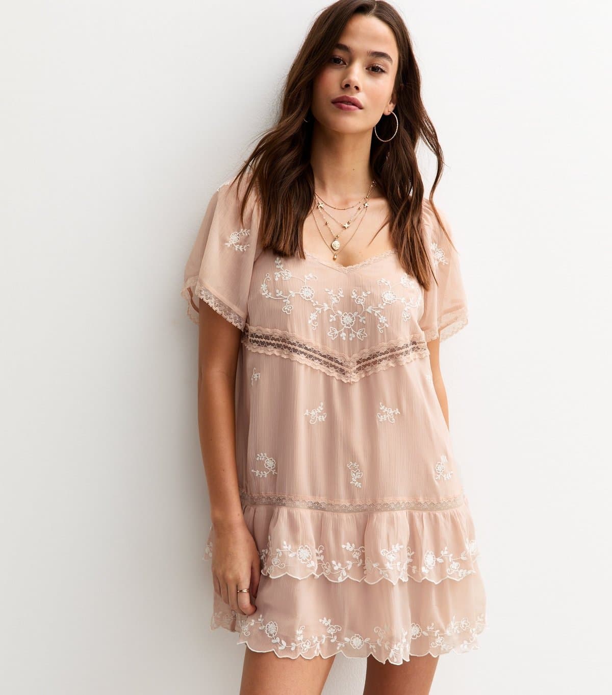 New Look Women's Light Pink Embroidered Lace Frill Sleeve Ruffle Mini Dress New Look