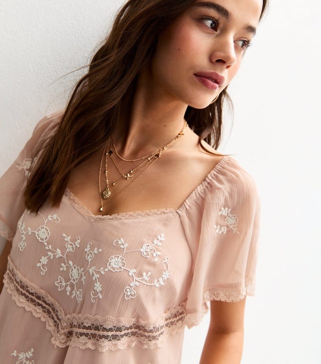 New Look Women's Light Pink Embroidered Lace Frill Sleeve Ruffle Mini Dress New Look - 2