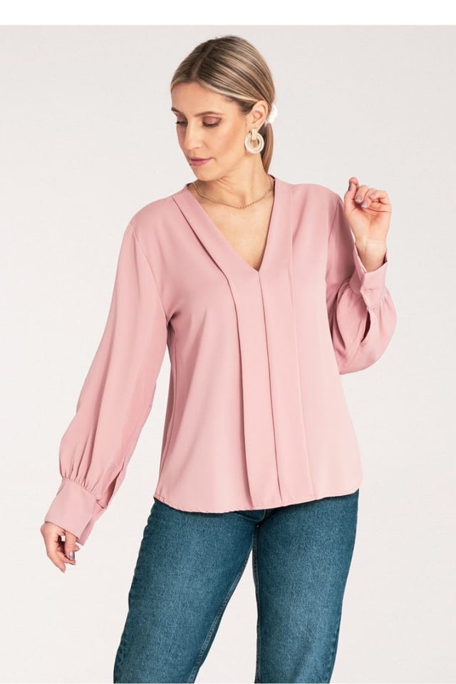 Love Lace Love Lace Women's Satin Long Sleeve V Neck Blouse with Buttons in Pink - 2